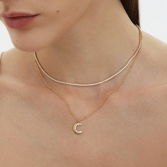 Crescent Moon Crystal Charm Beaded Necklace